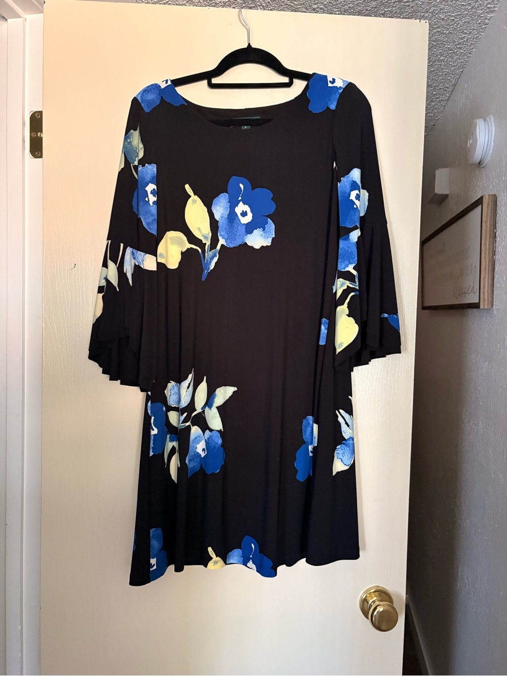 Women’s Black Floral Dress with Blue & Yellow Print